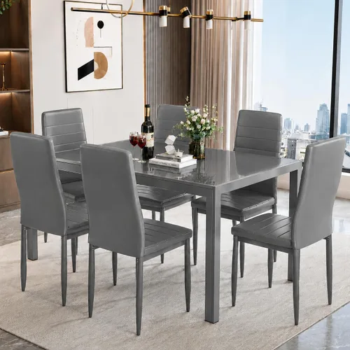 Recaceik Juego de mesa de comedor de 7 piezas para 6, mesa de cocina de vidrio templado y sillas de cuero PU, juego de mesa de comedor moderno para