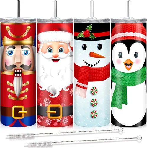 Maxdot 4 vasos de Navidad con tapa y pajita, taza de Navidad de acero inoxidable, doble aislamiento, taza de viaje para agua, vaso al vacío con