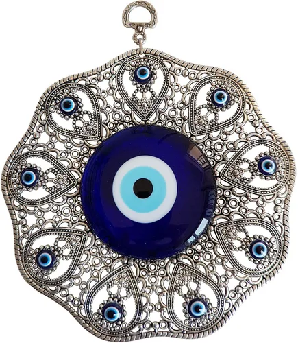 Adorno colgante de pared azul de cristal turco de ojo turco - Decoración de metal para el hogar - Amuleto turco - Protección y dije de buena suerte