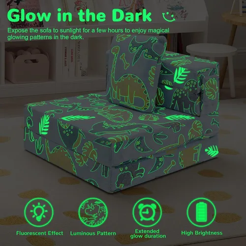 Miniatura 8 de MeMoreCool Glow Dinosaur - Sofá cama de tres pliegues para niños, colchón y silla de futón plegable, sofá convertible para sala de juegos Cielo Dino