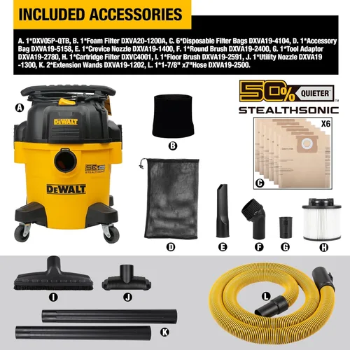 Miniatura 5 de DEWALT Aspiradora Stealthsonic de 5 galones y 4 HP DXV05P-QTB con 6 bolsas de polvo, aspiradora ultra silenciosa de polietileno con potente succión