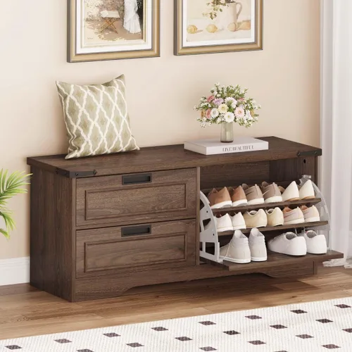 FATORRI Banco con almacenamiento para zapatos para entrada, bancos de madera con puerta abatible y cajones, gabinete organizador de zapatos para