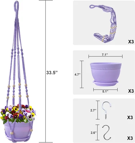 Miniatura 2 de Colgador de macramé para plantas con maceta, juego de 3 macetas colgantes para plantas de interior, cuerda de algodón hecha a mano, decoración