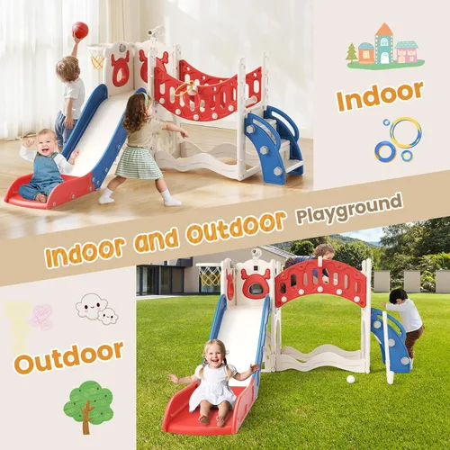 Miniatura 7 de Tobogán para niños, juego 10 en 1 para niños pequeños, nueva actualización con tobogán para niños, tabla de dibujo, juego de golf, aro de baloncesto