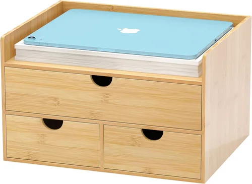 Miniatura 9 de Organizador de cajones de escritorio de bambú, organizador de escritorio grande con cajones, caja de organización de almacenamiento de mesa para 2