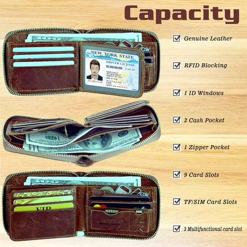 Miniatura 52 de Admetus - Cartera de piel auténtica para hombre con cremallera, plegable