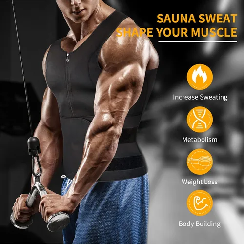 Miniatura 3 de MISS MOLY Chaleco de entrenamiento de cintura de sauna para hombre, chaleco para sudar con cinturón recortador, camiseta sin mangas de Negro