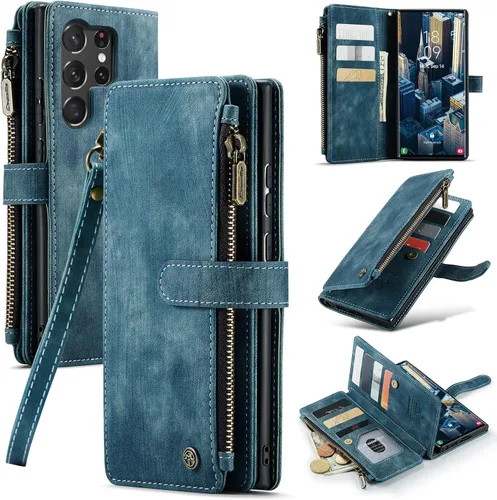 Miniatura 9 de UEEBAI Funda tipo cartera para Samsung Galaxy S23 5G, hecha a mano de piel sintética de alta calidad, ranuras para tarjetas, cierre magnético