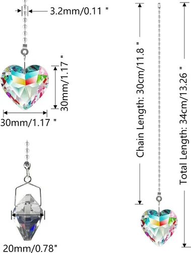 Miniatura 6 de Extensor de cadena para ventilador de techo, paquete de 2 colgantes decorativos de prisma de corazón de cristal de 12 pulgadas con conectores de AB