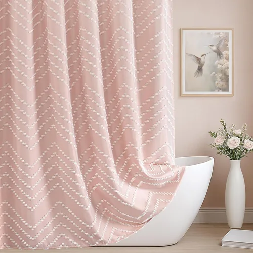 Miniatura 20 de Cortina de ducha bohemia beige de 72 x 72 pulgadas, moderna cortina de ducha estilo granja, bohemio, elegante, con textura de cheurón, cortinas