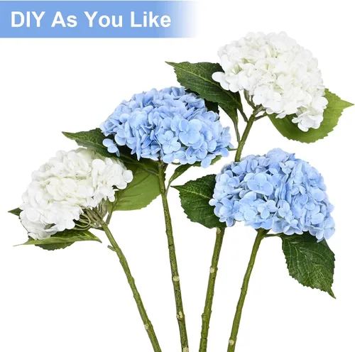 Miniatura 6 de Flores artificiales de hortensias de tacto real, 2 flores azules y 2 blancas de tacto real, flores de hortensias sintéticas de 21 pulgadas, flores