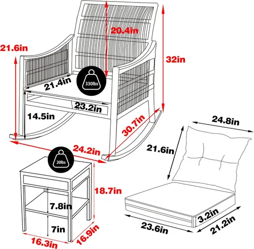 Miniatura 3 de MUPATER Mecedora de 3 piezas para exteriores, juego de mimbre con mesa y cojines, juego de bistró de ratán para patio, porche, beige