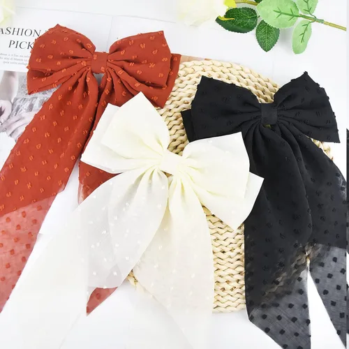 Miniatura 4 de 3 lazos grandes de encaje para el cabello para mujeres y niñas, color marrón, beige, negro, lazos suizos, pinzas para el cabello con cola larga