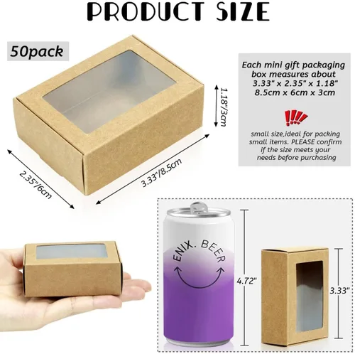 Miniatura 2 de BadenBach Paquete de 50 mini cajas rectangulares de papel kraft con ventanas transparentes, 3.33 x 2.35 x 1.18 pulgadas, pequeñas cajas de embalaje