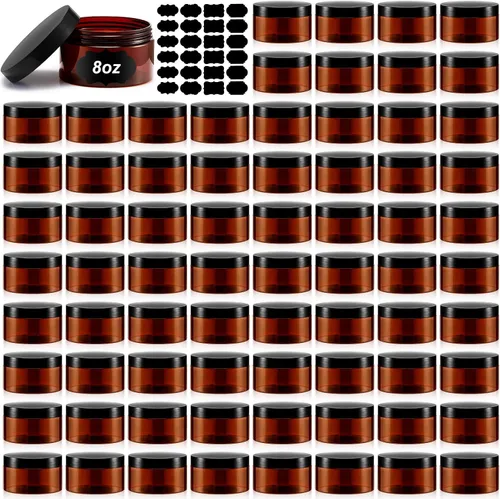 Dandat 72 recipientes de plástico de 8 onzas con tapa y etiqueta, rellenables, redondos, vacíos, de color ámbar, para muestras cosméticas para