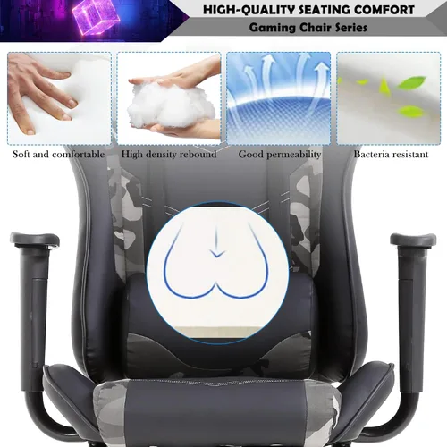 Miniatura 4 de Silla para videojuegos, silla reclinable de piel sintética con soporte lumbar, reposacabezas y respaldo alto, silla de oficina de carreras, silla