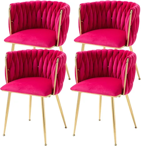 Miniatura 21 de Juego de 2 sillas de comedor de terciopelo, modernas sillas de comedor tapizadas con patas de metal dorado y respaldo tejido para comedor, cocina