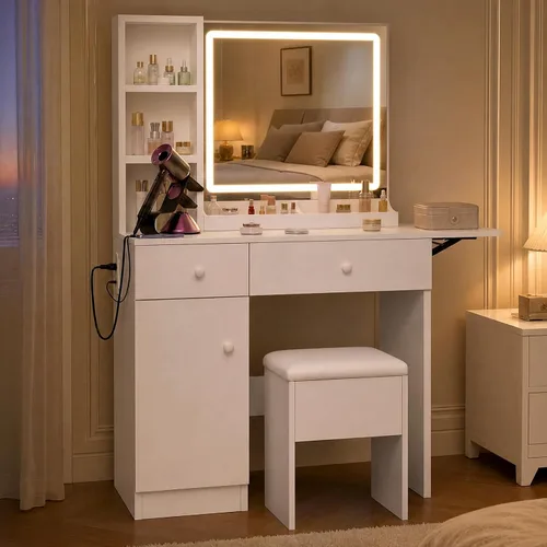 Miniatura 7 de FUXA Escritorio de tocador con espejo de luces LED y estación de carga, mesa de tocador de maquillaje con cajones de almacenamiento, armario