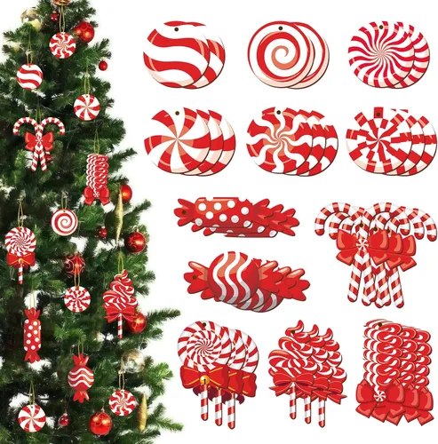 Miniatura 9 de 33 piezas de adornos de bastón de caramelo de menta para árbol de Navidad - Coloridos adornos colgantes de caramelo en palo de madera para árbol