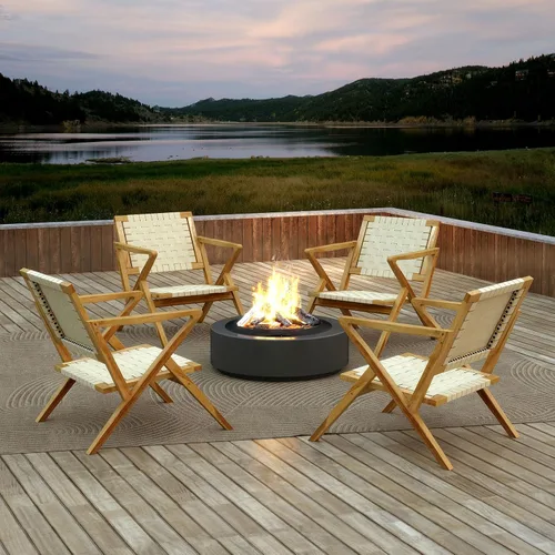Miniatura 5 de Tangkula Silla de comedor de madera de teca para exteriores, sillón rústico de madera para patio con asiento y respaldo de cincha, para sala