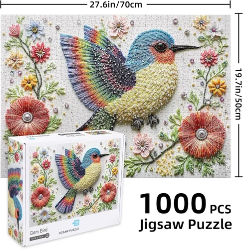 Miniatura 2 de Gem Bird - Rompecabezas de 1000 piezas para adultos, rompecabezas difícil de 1000 piezas para adultos, rompecabezas de pájaros coloridos estilo arte