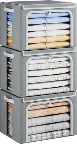 Miniatura 10 de Yecaye Cajas de Almacenamiento de Ropa con Marco de Metal, Caja de Almacenamiento de Ropa Plegable con Tapa, Caja Organizadora Apilable de Tela