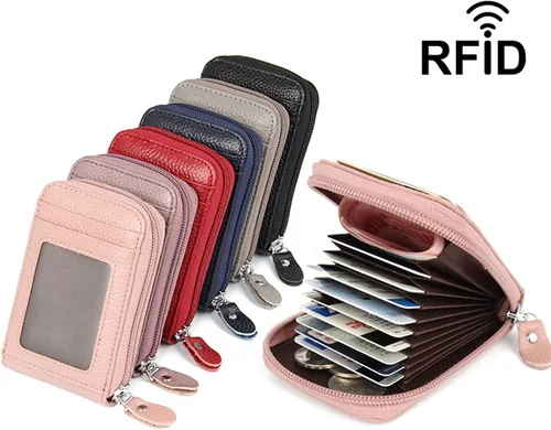 Miniatura 8 de WITATAOGE Tarjetero de cuero para mujer, pequeño estuche de bloqueo RFID de gran capacidad para tarjetas, Rosa Rojo, A la moda