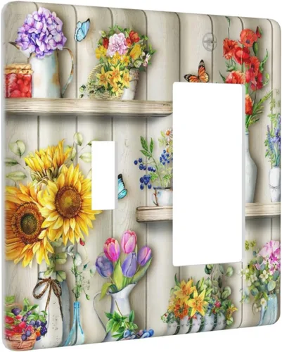 Miniatura 107 de Placa de pared decorativa con hojas de palmera tropicales de oro blanco, hoja de plátano, doble interruptor de luz de palanca decorativa, placa