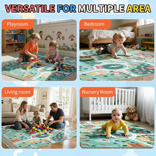 Miniatura 7 de Alfombra de juego educativa UKISS, 55"x55" alfombra de tráfico para niños, alfombra antideslizante y lavable para niños, alfombra para niños