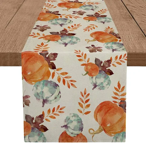 Camino de mesa de otoño, hojas, bayas, cosecha de otoño, Acción de Gracias, caminos de mesa de vacaciones, comedor, cocina, decoración de fiesta, 13