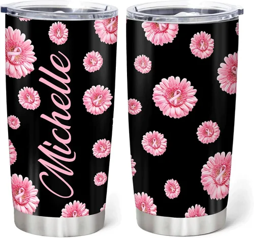 Hyturtle Regalos personalizados de concientización sobre el cáncer de mama para mujeres, vaso de acero inoxidable con nombre personalizado, café de