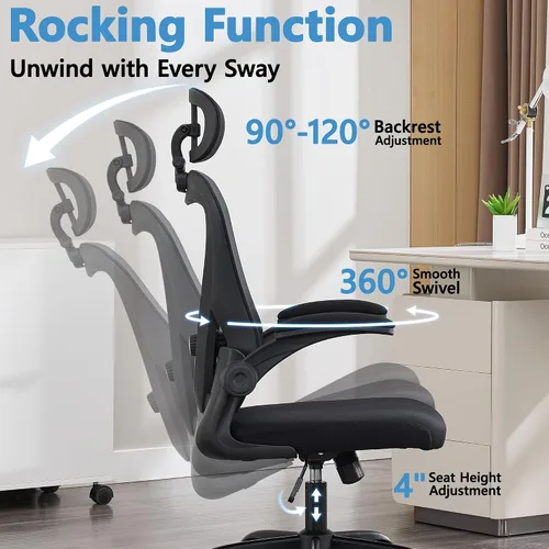 Miniatura 5 de Office Chair, Ergonomic Office Chair with Headrest, Comfy Home Office Desk Chairs with Lumbar Support & Flip-up Armrests, 330LBS High Back Mesh