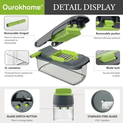Miniatura 4 de Ourokhome Cortador Picador de Cebolla con Recipiente, Cortador Manual de Alimentos con Espiral de Verduras de Mano, Rebanadora Mandolina de Verduras