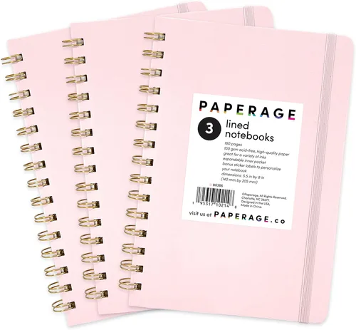 PAPERAGE - Cuaderno y diario de espiral con hojas rayadas, tapa dura, 160 páginas, 5.5 x 8 pulgadas, papel grueso de 100 g/m², espiral doble, Rosa