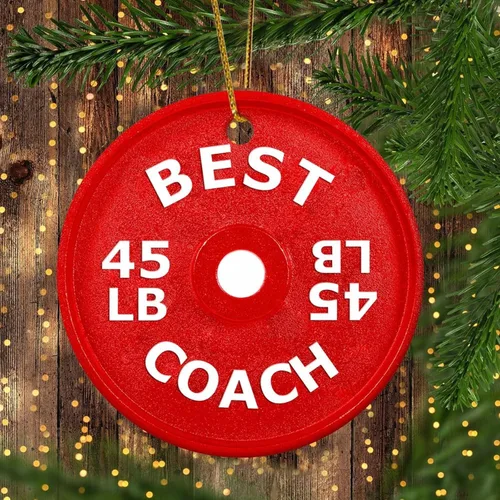 Miniatura 4 de Adorno redondo de cerámica colgante de Navidad divertido gimnasio con mancuernas decorativas para colgar recuerdos navideños personalizables