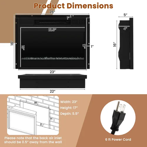 Miniatura 3 de SIMOE Insertos de chimenea eléctrica de 23 pulgadas, calentador de chimenea empotrado de 1500 W con control remoto, 6 colores de llama y 5 brillo
