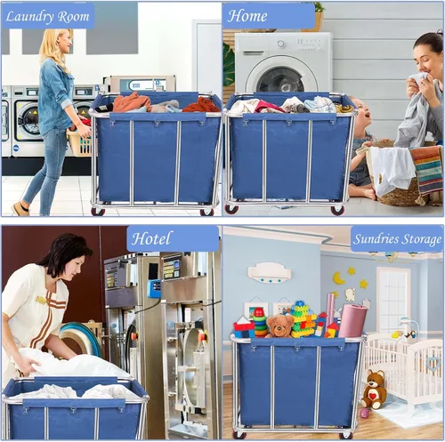 Miniatura 4 de 12 Bushels - Carrito de lavandería para uso comercial/hogar, canasta grande de acero inoxidable resistente con ruedas, para organizador y Azul-3