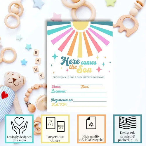 Miniatura 3 de Amanda Creation Here Comes the Son - Invitaciones para baby shower para niños, 20 invitaciones de doble cara de 5 x 7 pulgadas con 20 sobres blancos