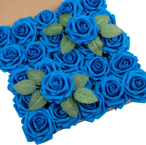 Miniatura 17 de DuHouse 25 rosas artificiales con tallos, flores de espuma de tacto real para bricolaje, ramo de boda, centro de mesa, arreglo floral, fiesta, Verde