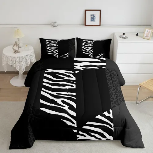 Miniatura 27 de Castle Fairy Juego de edredón con estampado de leopardo rosa y negro, juego de colcha de retazos de piel de cebra, tamaño King, para niños, niñas