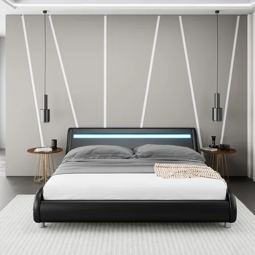 Miniatura 3 de Keyluv Marco de cama LED tapizado tamaño completo con cabecero, moderna plataforma de perfil bajo con fuerte soporte de listones, marco de cama