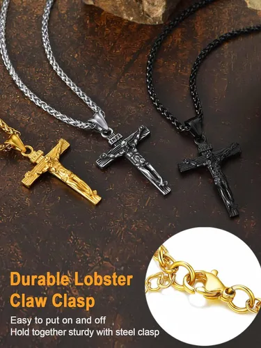 Miniatura 6 de U7 Colgante de cruz de crucifijo para hombre con cadena de bautismo, joyería cristiana, acero inoxidable, oro de 18 quilates, collar antiguo