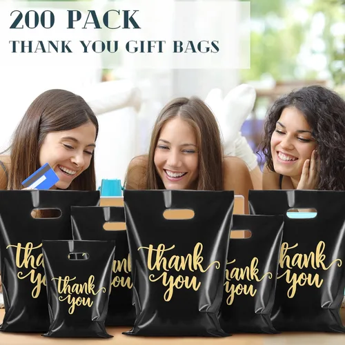 Miniatura 7 de Eersida 200 bolsas de plástico de agradecimiento con asas, bolsas de plástico troqueladas, bolsas de mercancía de compras a granel, 3 tamaños, Negro