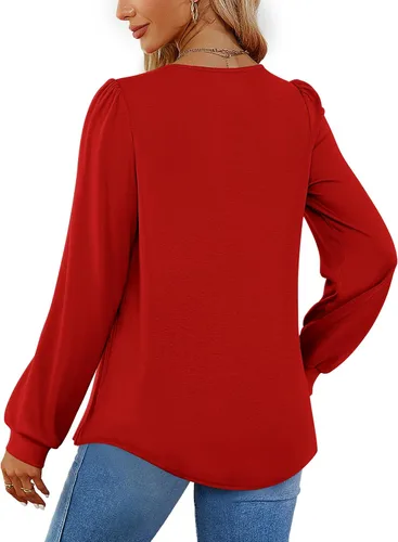 Miniatura 5 de Funlingo 2023 - Blusas de manga larga para mujer, estilo túnica, plisadas, con cuello cuadrado, estilo casual, holgadas