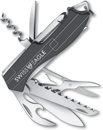 Swiss Eagle Mini herramienta de bolsillo 9 en 1 para casa y campaña, premium con hoja, tijera, destornillador, alicates, lupa, pinzas, regalos de