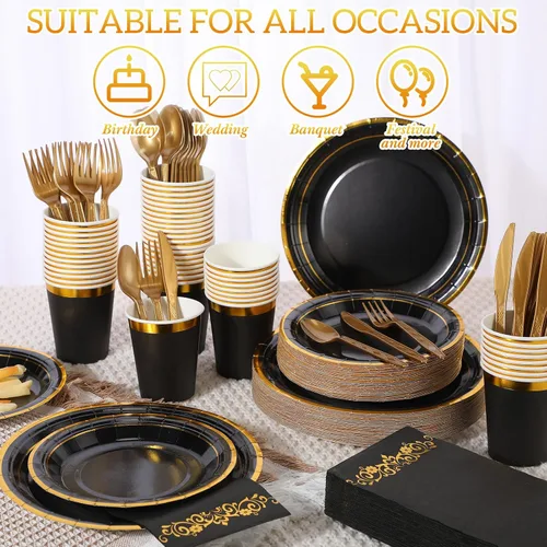 Miniatura 4 de Juego de 350 platos desechables de plástico negro y dorado para fiesta de graduación para 50 invitados, cubiertos de 9 pulgadas, platos de postre