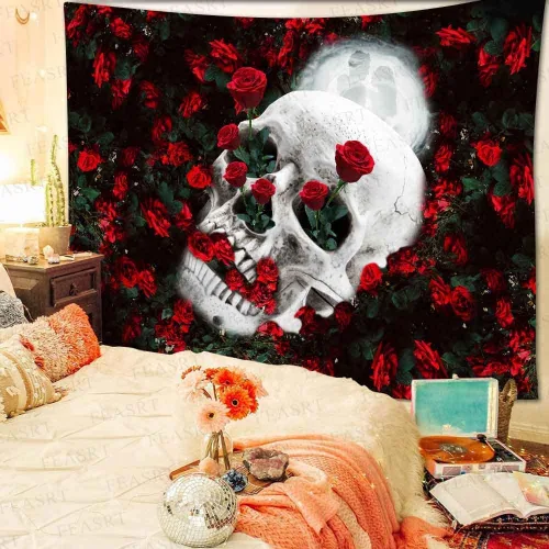 Miniatura 2 de FEASRT Tapiz de calavera, rosa roja para amantes del cráneo del jardín, dormitorio, apartamento, arte para el hogar, decoración para colgar