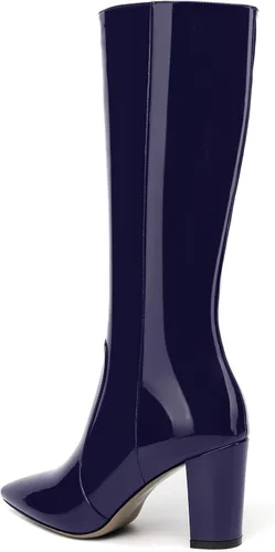 Miniatura 77 de AMBELIGHT Botas altas hasta la rodilla con cremallera y puntera puntiaguda para mujer, de patente sólida, tacón alto, 3.3 pulgadas