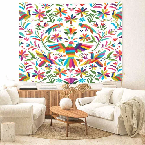 Miniatura 5 de Bzhilja Tapiz mexicano, tapiz tradicional mexicano con diseño de pájaro azul otomi, diseño brillante, flores de cachemira, tapiz de color étnico