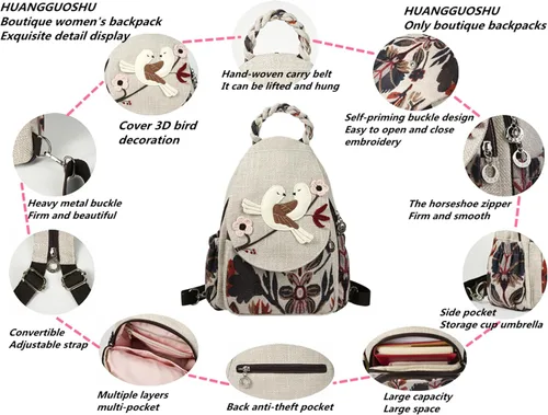 Miniatura 104 de HUANGGUOSHU Mochila de algodón tejida de algodón bohemio con bordado de lona estilo bohemio con múltiples bolsillos retro linda mochila cartera